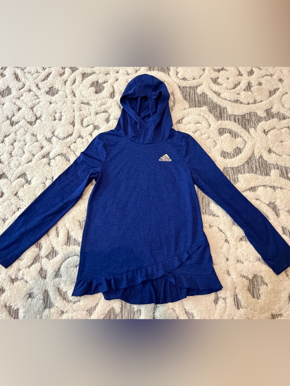 Adidas Girls' Royal Blue Hooded Ruffle Long-Sleeve Top Climalite 10/12 EUC